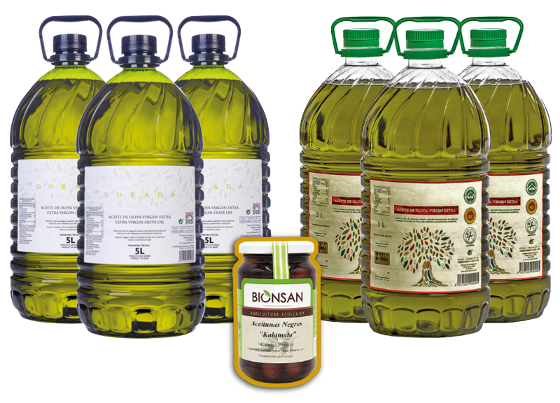 Tres garrafas de AOVE Suave Esencia Dorada y tres de AOVE Afrutado La Quinta Esencia, con un bote de aceitunas Kalamata de regalo