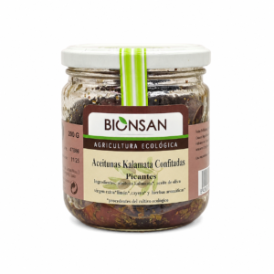 Tarro de aceitunas negras Kalamata confitadas picantes ecológicas Bionsan 200 g