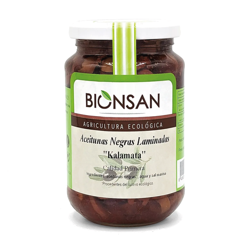 Tarro de aceitunas negras Kalamata laminadas ecológicas Bionsan 170 g